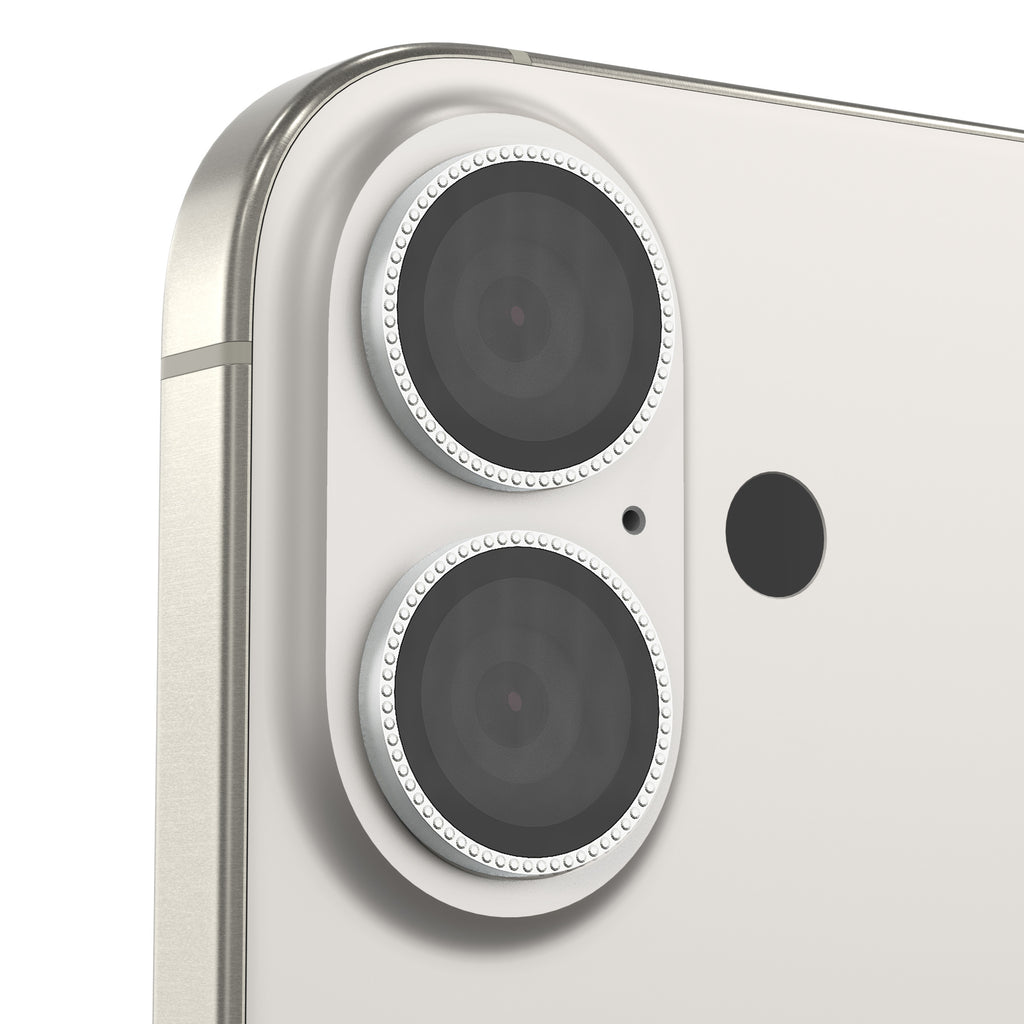 Laser-etched diamond camera lens protector for iPhone with holographic shine.