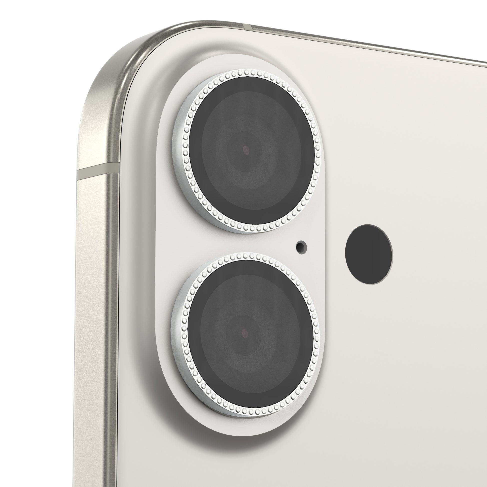Laser-etched diamond camera lens protector for iPhone with holographic shine.