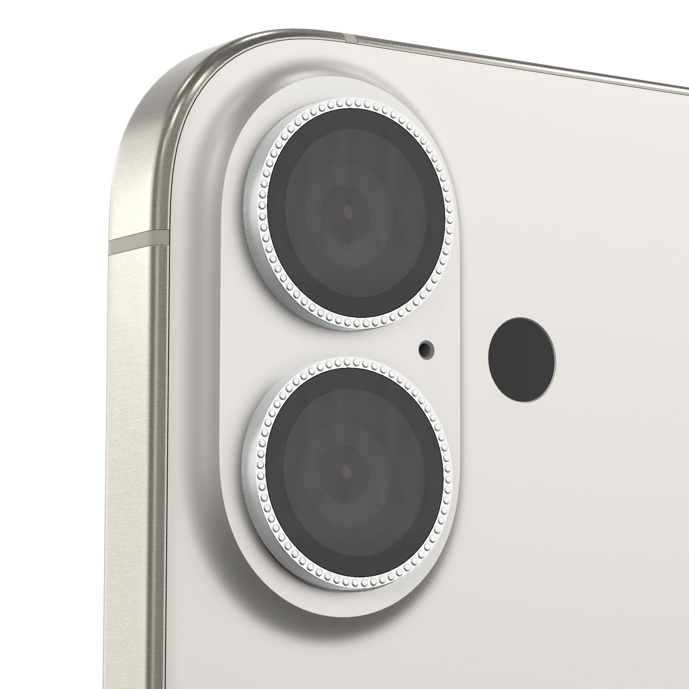 Laser-etched diamond camera lens protector for iPhone with holographic shine.