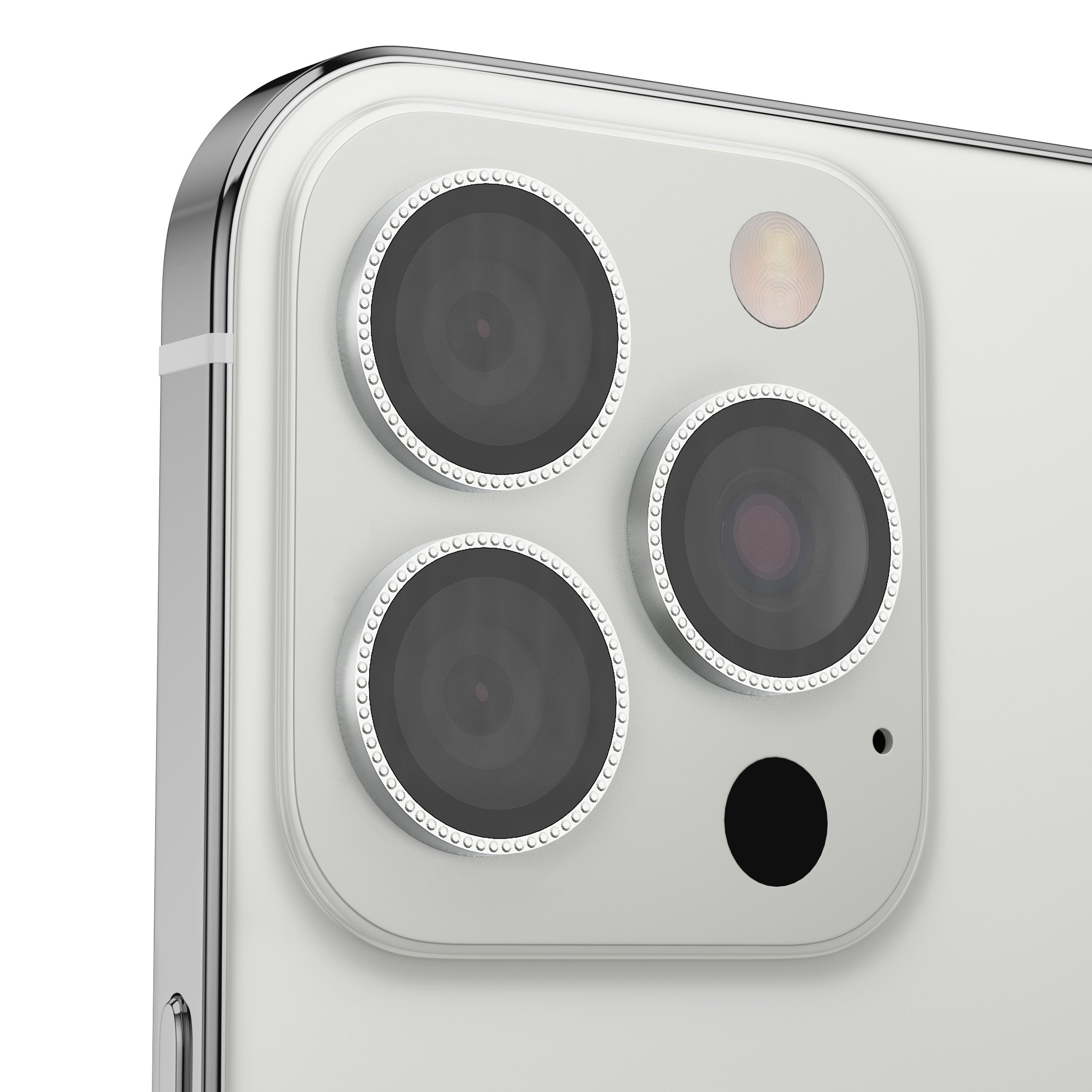 Diamond camera lens protector for iPhone with holographic shine.