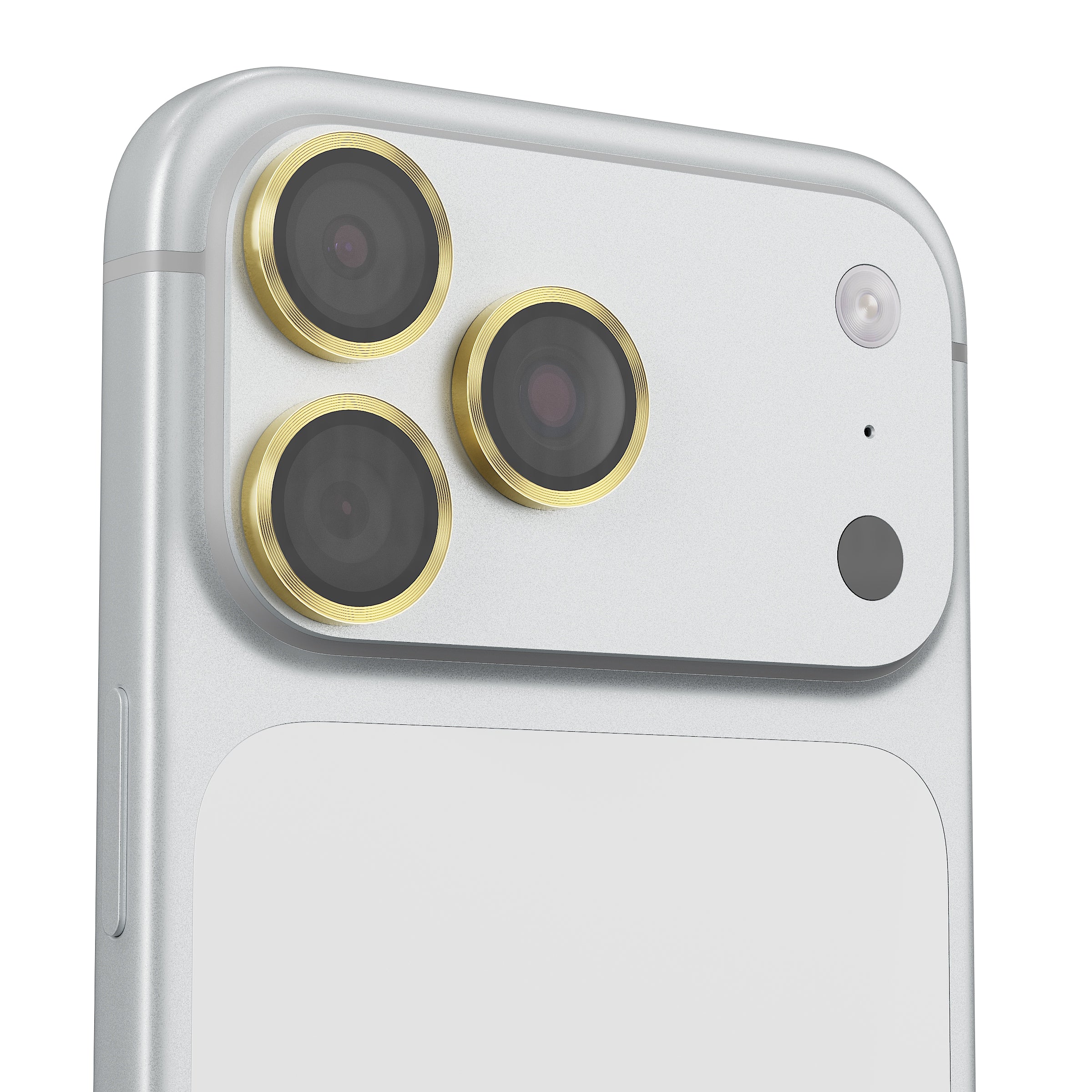 Gold aluminum iPhone camera lens ring with sunburst metal texture, aesthetic phone accessory for women.