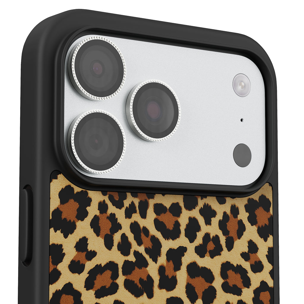Diamond camera lens protector for iPhone with holographic shine.