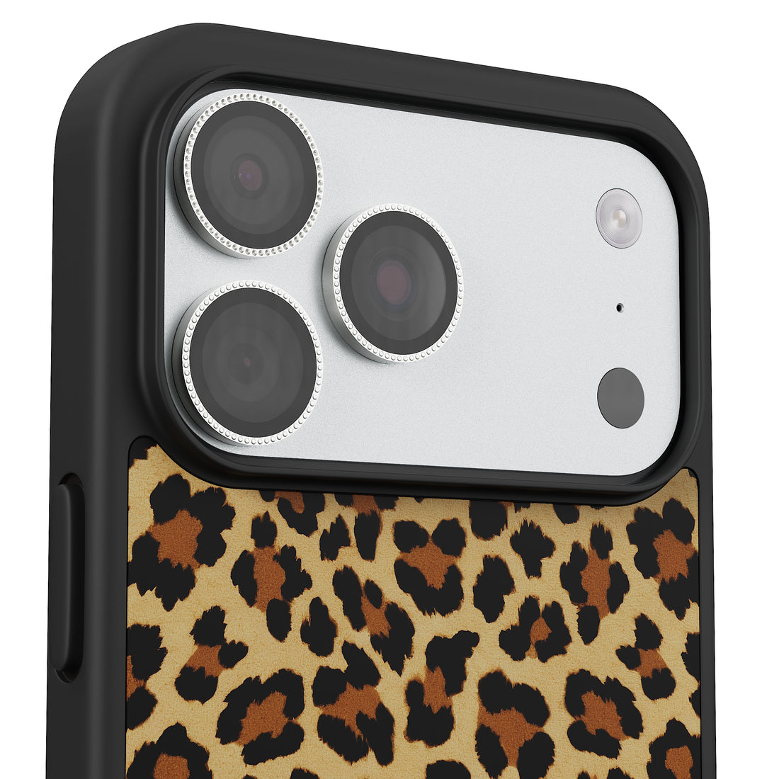 Diamond camera lens protector for iPhone with holographic shine.