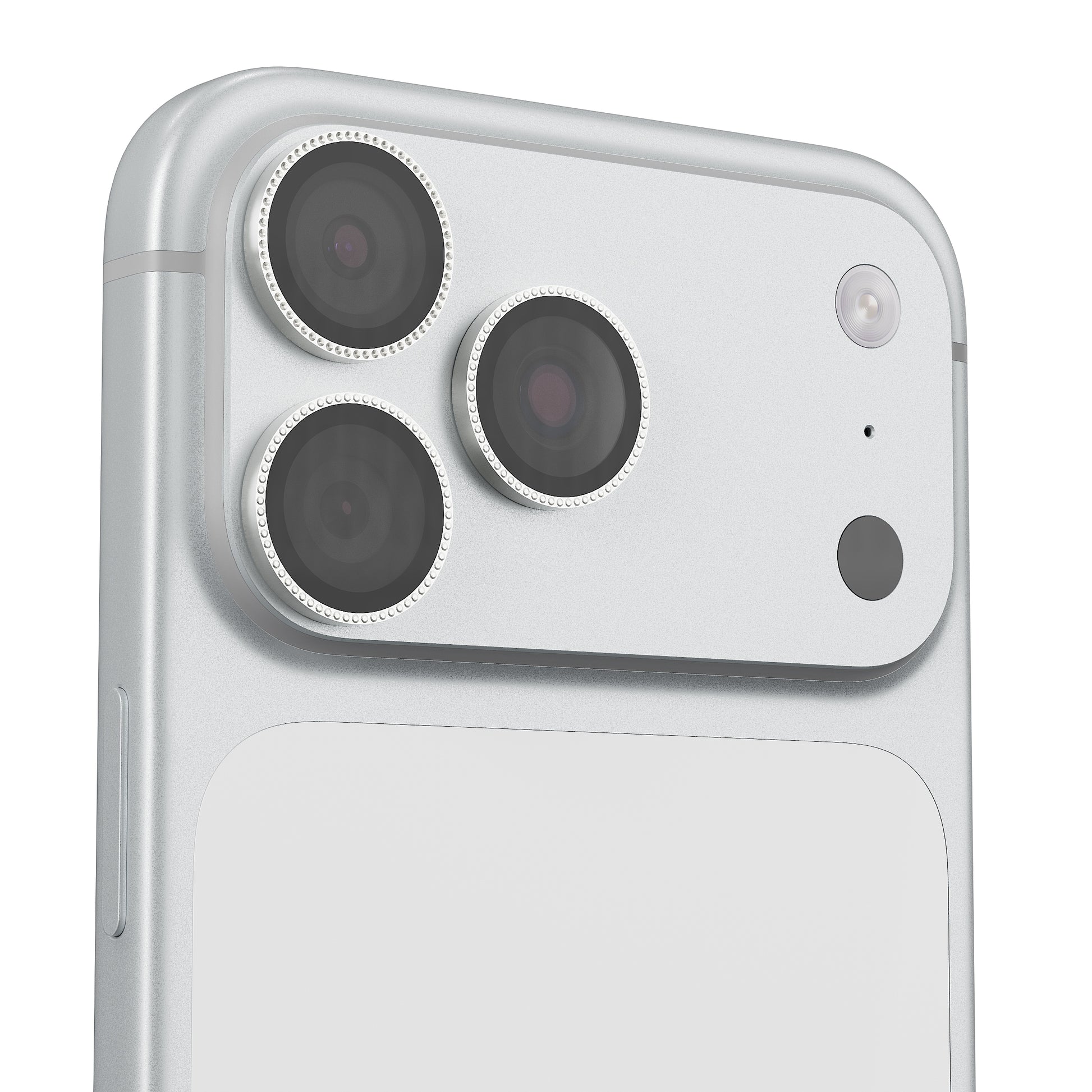 Flat surface laser-etched diamond camera lens protector for iPhone with holographic shine.