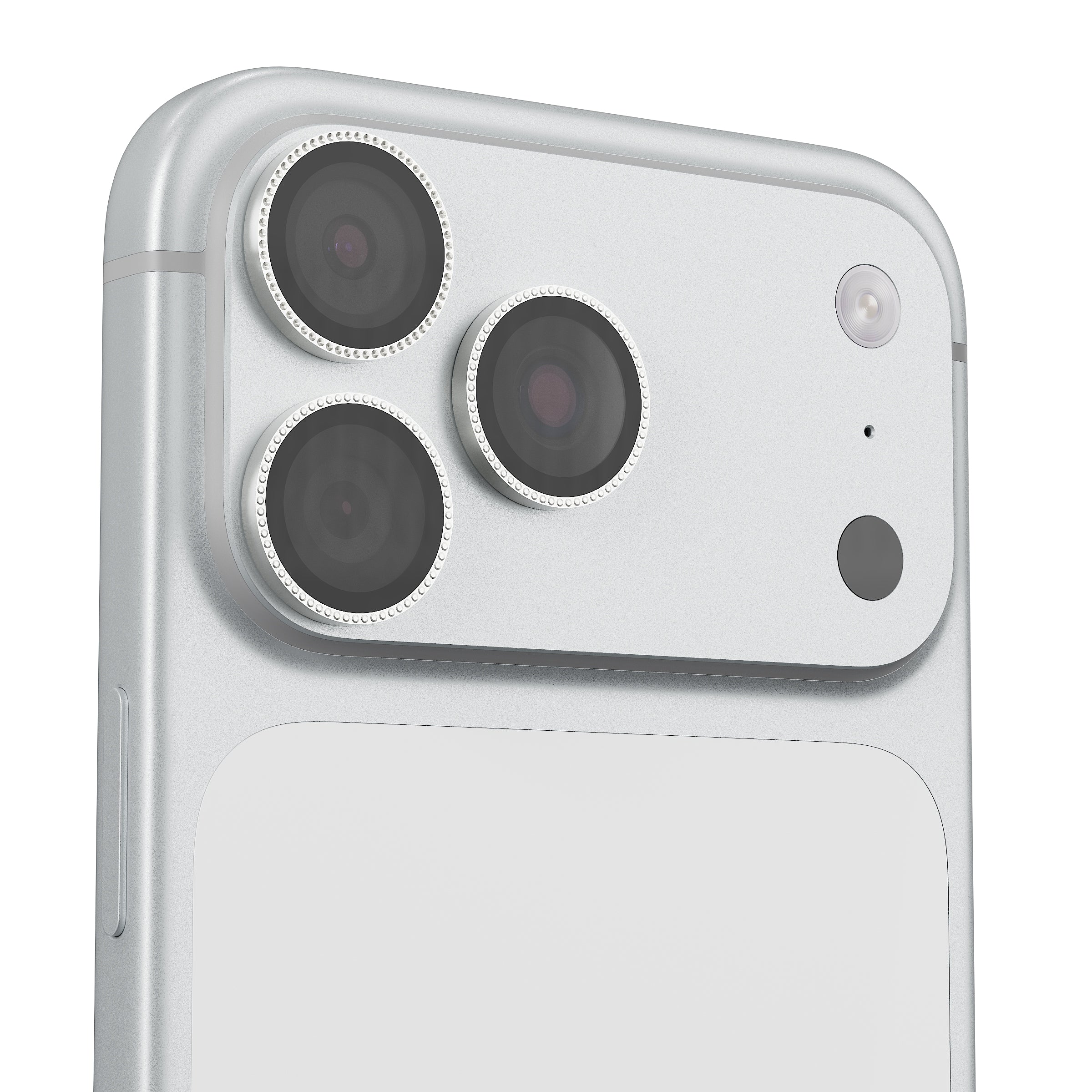 Flat surface laser-etched diamond camera lens protector for iPhone with holographic shine.